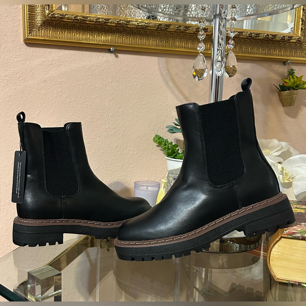 Athlefit Black Leather Chelsea Ankle Boots Platform Chunky Lug Sole Size 8